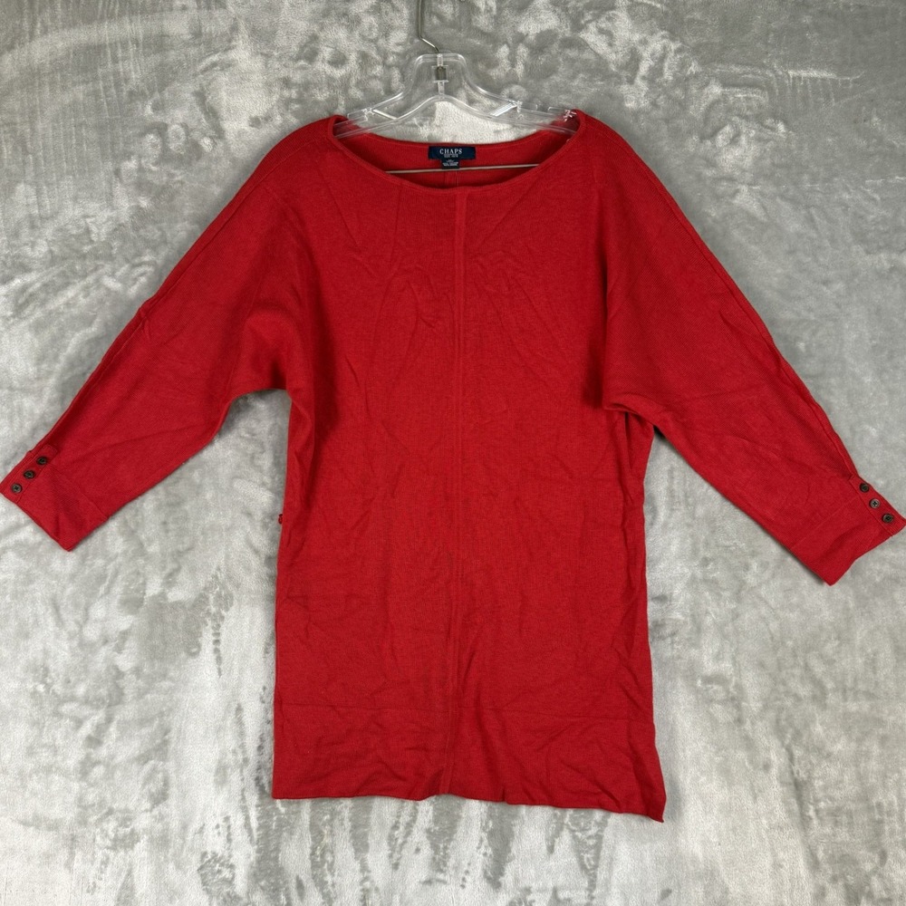 CHAPS Red Cotton Modal Knit Sweater Tunic Top Size M Button Cuff Dolman Sleeve